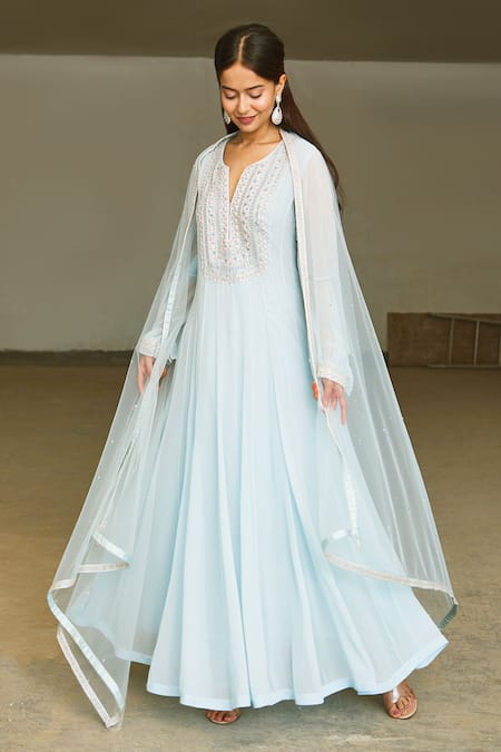 Shop Aariyana Couture Blue Georgette, Modal, Satin, Net Cut Work, Hand Embroidered Anarkali Set Online at Aza Fashions Shop_Aariyana Couture_Blue Georgette, Modal, Satin, Net Cut Work, Hand Embroidered Anarkali Set_Online_at_Aza_Fashions