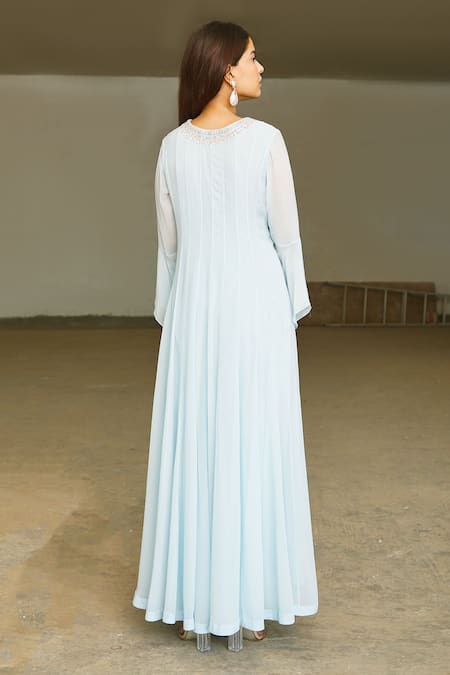 Shop Aariyana Couture Blue Georgette, Modal, Satin, Net Cut Work, Hand Embroidered Anarkali Set at Aza Fashions Shop_Aariyana Couture_Blue Georgette, Modal, Satin, Net Cut Work, Hand Embroidered Anarkali Set_at_Aza_Fashions