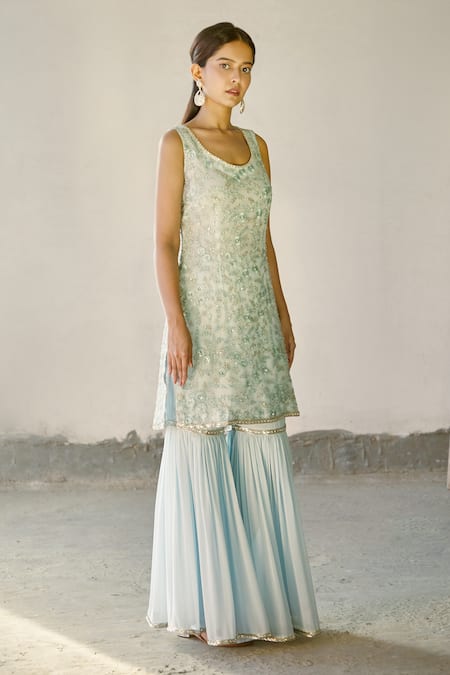 Aariyana Couture_Blue Georgette, Net Embroidery Round Neck Kurta Sharara Set_Online_at_Aza_Fashions