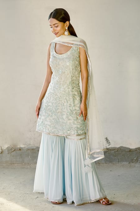 Shop_Aariyana Couture_Blue Georgette, Net Embroidery Round Neck Kurta Sharara Set_Online_at_Aza_Fashions