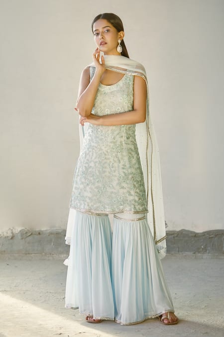 Buy_Aariyana Couture_Blue Georgette, Net Embroidery Round Neck Kurta Sharara Set_Online_at_Aza_Fashions