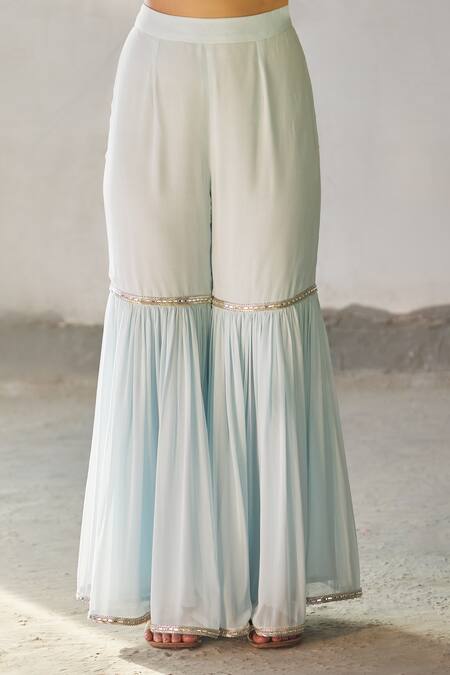 Aariyana Couture_Blue Georgette, Net Embroidery Round Neck Kurta Sharara Set_at_Aza_Fashions