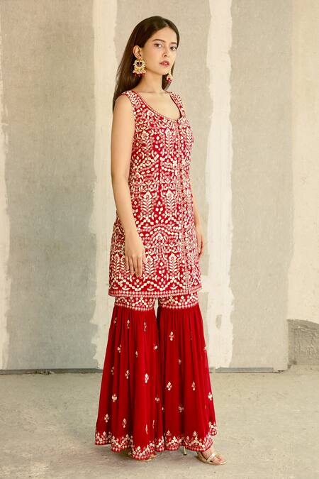Aariyana Couture_Red Georgette Embroidery, Tassels Round Neck Kurta Sharara Set_Online_at_Aza_Fashions