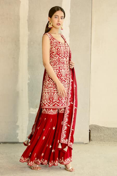Buy_Aariyana Couture_Red Georgette Embroidery, Tassels Round Neck Kurta Sharara Set_Online_at_Aza_Fashions