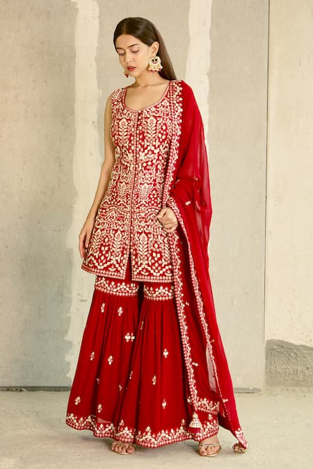 Shop_Aariyana Couture_Red Georgette Embroidery, Tassels Round Neck Kurta Sharara Set_Online_at_Aza_Fashions