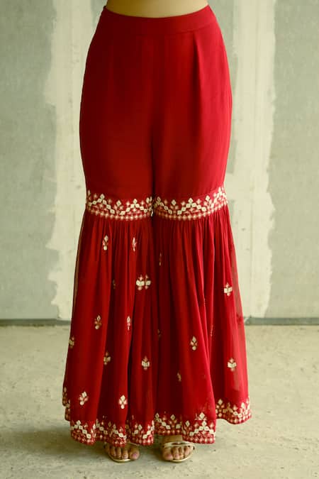Aariyana Couture_Red Georgette Embroidery, Tassels Round Neck Kurta Sharara Set_at_Aza_Fashions