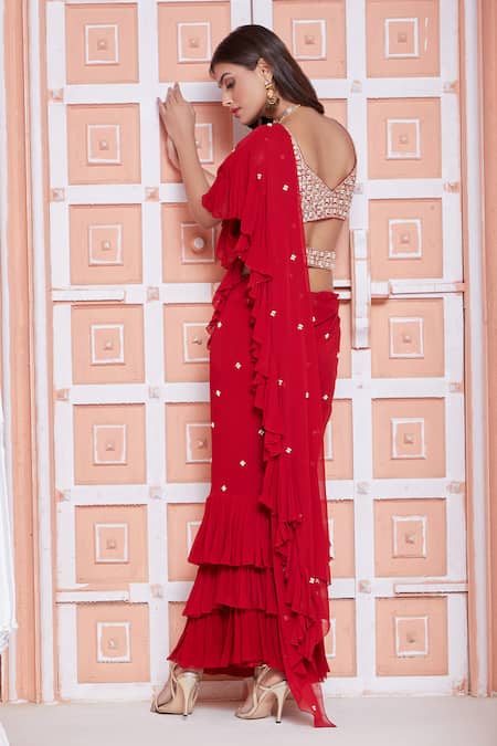 Ariyana By Aza_Red Viscose, Georgette, Taffeta Beads, Gota Pre-draped Lehenga Saree With Blouse _Online_at_Aza_Fashions