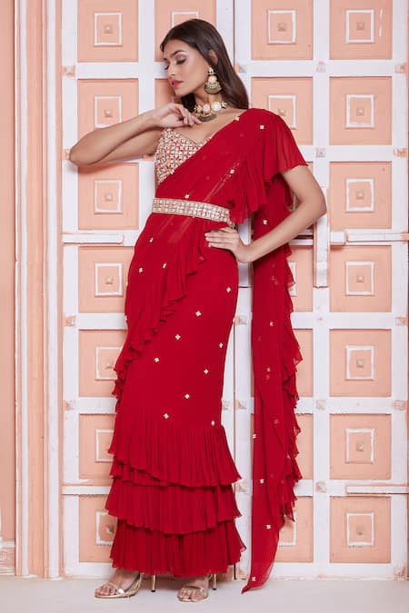 Shop_Ariyana By Aza_Red Viscose, Georgette, Taffeta Beads, Gota Pre-draped Lehenga Saree With Blouse _Online_at_Aza_Fashions