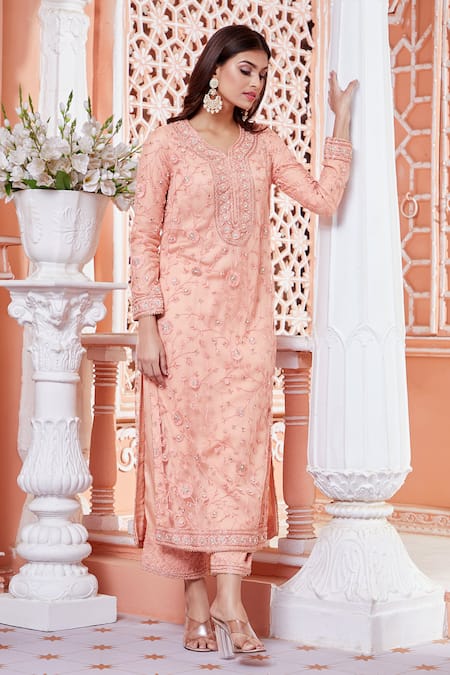 Aariyana Couture_Peach Bamboo, Silk, Net Embroidery, Cut Work Round Neck Kurta Pant Set_Online_at_Aza_Fashions