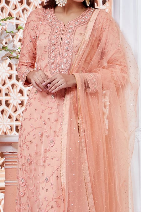 Aariyana Couture_Peach Bamboo, Silk, Net Embroidery, Cut Work Round Neck Kurta Pant Set_at_Aza_Fashions