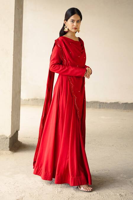Aariyana Couture_Red Cotton, Silk Cut Work, Embroidery Boat Neck Draped Anarkali_Online_at_Aza_Fashions