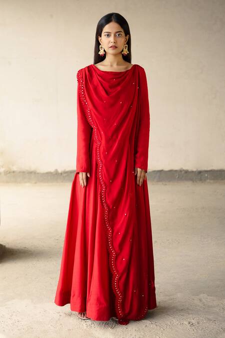 Aariyana Couture_Red Cotton, Silk Cut Work, Embroidery Boat Neck Draped Anarkali_at_Aza_Fashions