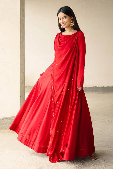 Shop_Aariyana Couture_Red Cotton, Silk Cut Work, Embroidery Boat Neck Draped Anarkali_Online_at_Aza_Fashions