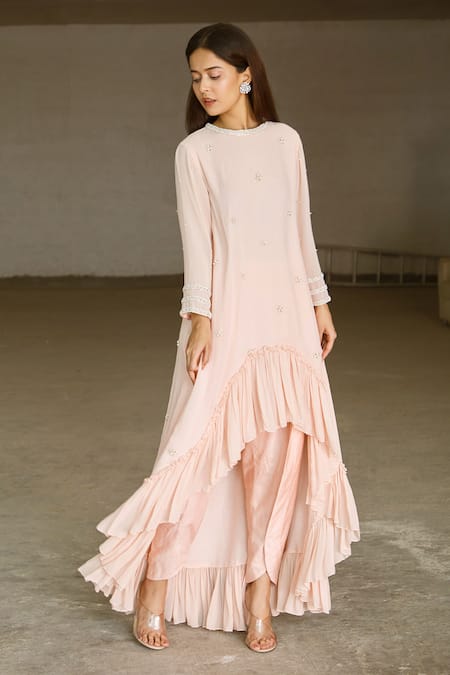 Aariyana Couture_Peach Georgette, Bamboo Pearls Round Neck Asymmetric Kurta And Dhoti Pant Set_Online_at_Aza_Fashions