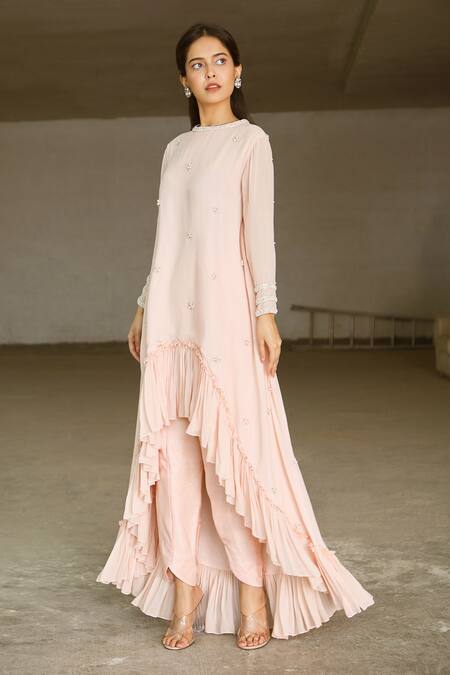 Buy_Aariyana Couture_Peach Georgette, Bamboo Pearls Round Neck Asymmetric Kurta And Dhoti Pant Set_Online_at_Aza_Fashions