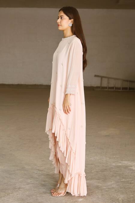 Shop_Aariyana Couture_Peach Georgette, Bamboo Pearls Round Neck Asymmetric Kurta And Dhoti Pant Set_Online_at_Aza_Fashions