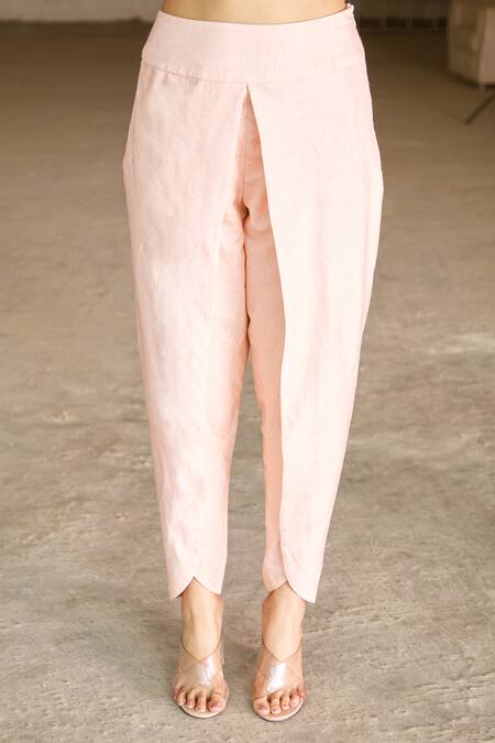 Aariyana Couture_Peach Georgette, Bamboo Pearls Round Neck Asymmetric Kurta And Dhoti Pant Set_at_Aza_Fashions