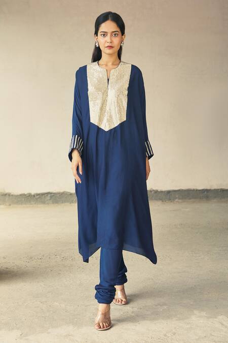 Buy_Aariyana Couture_Blue Cotton, Silk Embroidery Round Neck Kaftan Kurta Set_Online_at_Aza_Fashions