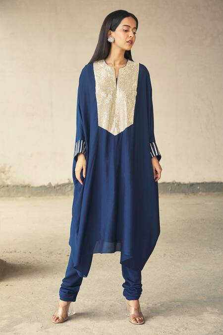 Aariyana Couture_Blue Cotton, Silk Embroidery Round Neck Kaftan Kurta Set_Online_at_Aza_Fashions