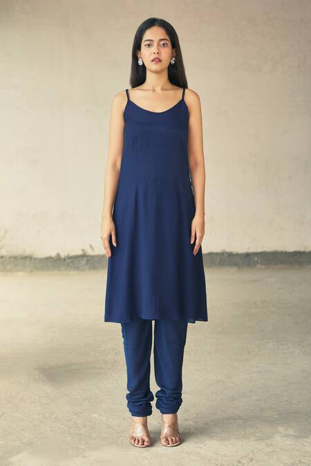 Shop_Aariyana Couture_Blue Cotton, Silk Embroidery Round Neck Kaftan Kurta Set_Online_at_Aza_Fashions