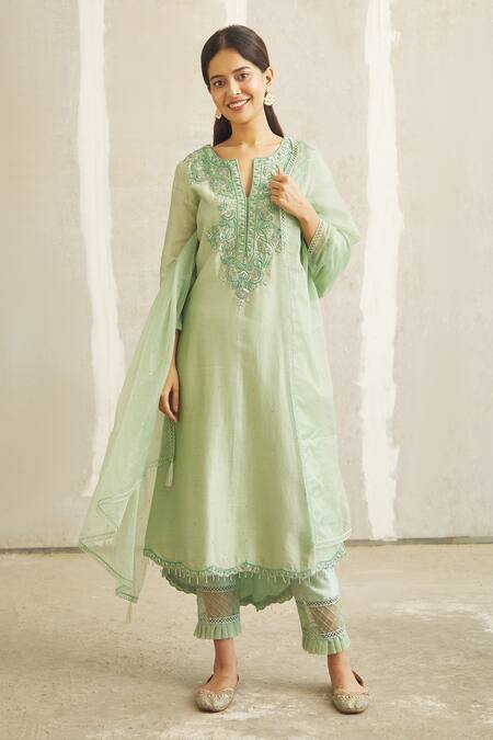 Buy_Aariyana Couture_Green Chanderi Silk, Silk, Organza Sequins, Embroidery Round Neck Kurta Set_Online_at_Aza_Fashions