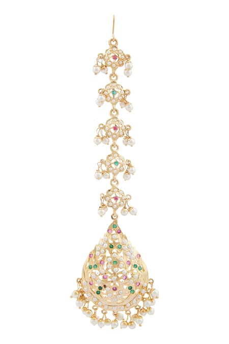 Shop_Moh-Maya By Disha Khatri_Gold Plated Jadau Tiered Maangtikka _at_Aza_Fashions