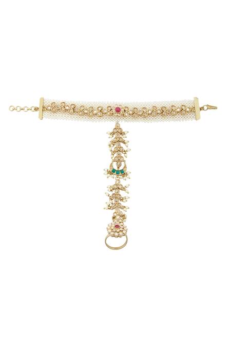Shop_Moh-Maya By Disha Khatri_Gold Plated Pearls, Diamonds Kundan Hathphools Set Of 2 _Online_at_Aza_Fashions