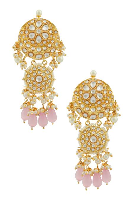 Shop Moh-Maya By Disha Khatri Gold Plated Pearls, Beads, Diamonds Kundan Tiered Danglers at Aza Fashions Shop_Moh-Maya By Disha Khatri_Gold Plated Pearls, Beads, Diamonds Kundan Tiered Danglers _at_Aza_Fashions