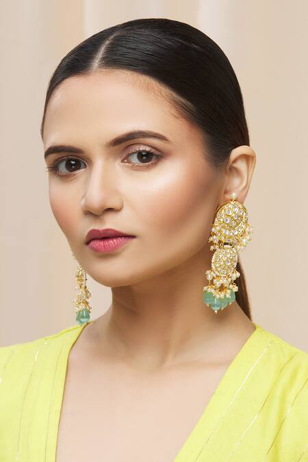 Moh-Maya By Disha Khatri Gold Plated Pearls, Beads Kundan Tiered Danglers Online at Aza Fashions Moh-Maya By Disha Khatri_Gold Plated Pearls, Beads Kundan Tiered Danglers _Online_at_Aza_Fashions