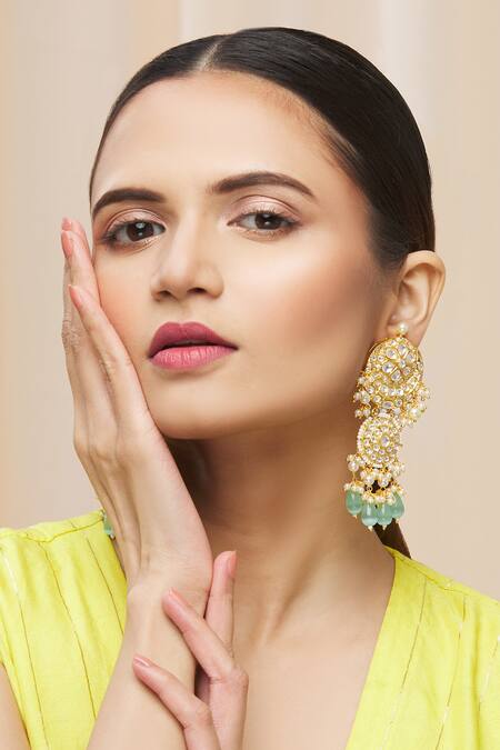 Buy Moh-Maya By Disha Khatri Gold Plated Pearls, Beads Kundan Tiered Danglers Online at Aza Fashions Buy_Moh-Maya By Disha Khatri_Gold Plated Pearls, Beads Kundan Tiered Danglers _Online_at_Aza_Fashions