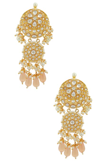 Shop Moh-Maya By Disha Khatri Gold Plated Pearls, Beads, Gota Patti Kundan Tiered Danglers at Aza Fashions Shop_Moh-Maya By Disha Khatri_Gold Plated Pearls, Beads, Gota Patti Kundan Tiered Danglers _at_Aza_Fashions