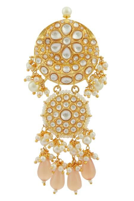 Shop Moh-Maya By Disha Khatri Gold Plated Pearls, Beads, Gota Patti Kundan Tiered Danglers Online at Aza Fashions Shop_Moh-Maya By Disha Khatri_Gold Plated Pearls, Beads, Gota Patti Kundan Tiered Danglers _Online_at_Aza_Fashions