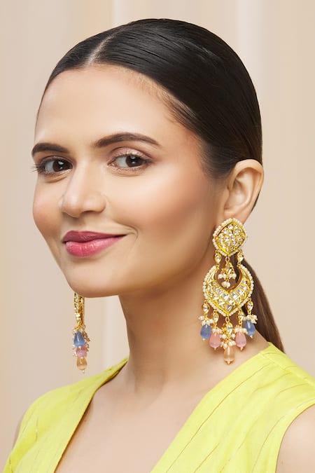 Moh-Maya By Disha Khatri Gold Plated Pearls, Stones, Gota Patti Kundan Bead Drop Danglers 