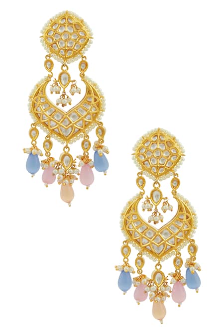 Shop Moh-Maya By Disha Khatri Gold Plated Pearls, Stones, Gota Patti Kundan Bead Drop Danglers at Aza Fashions Shop_Moh-Maya By Disha Khatri_Gold Plated Pearls, Stones, Gota Patti Kundan Bead Drop Danglers _at_Aza_Fashions