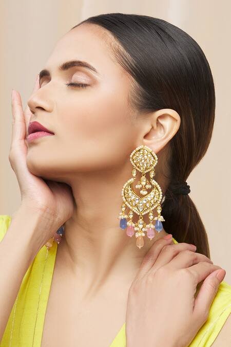 Moh-Maya By Disha Khatri Gold Plated Pearls, Stones, Gota Patti Kundan Bead Drop Danglers Online at Aza Fashions Moh-Maya By Disha Khatri_Gold Plated Pearls, Stones, Gota Patti Kundan Bead Drop Danglers _Online_at_Aza_Fashions