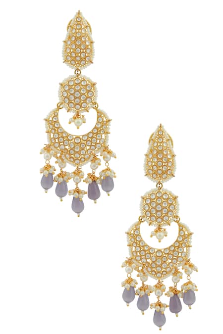 Shop Moh-Maya By Disha Khatri Gold Plated Pearls, Stones, Gota Patti Kundan Tiered Chandbalis at Aza Fashions Shop_Moh-Maya By Disha Khatri_Gold Plated Pearls, Stones, Gota Patti Kundan Tiered Chandbalis _at_Aza_Fashions