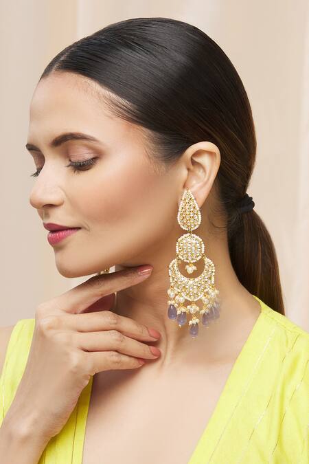 Moh-Maya By Disha Khatri Gold Plated Pearls, Stones, Gota Patti Kundan Tiered Chandbalis Online at Aza Fashions Moh-Maya By Disha Khatri_Gold Plated Pearls, Stones, Gota Patti Kundan Tiered Chandbalis _Online_at_Aza_Fashions