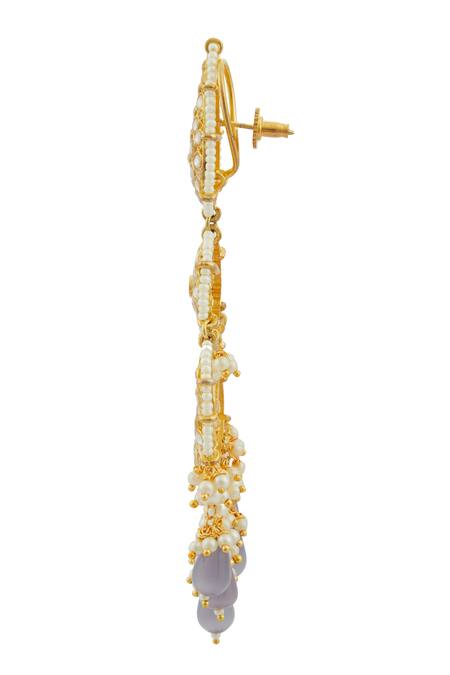 Moh-Maya By Disha Khatri Gold Plated Pearls, Stones, Gota Patti Kundan Tiered Chandbalis at Aza Fashions Moh-Maya By Disha Khatri_Gold Plated Pearls, Stones, Gota Patti Kundan Tiered Chandbalis _at_Aza_Fashions