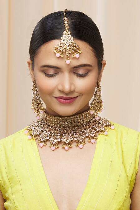 Moh-Maya By Disha Khatri_Gold Plated Pearls, Stones Meenakari Choker Set _Online_at_Aza_Fashions