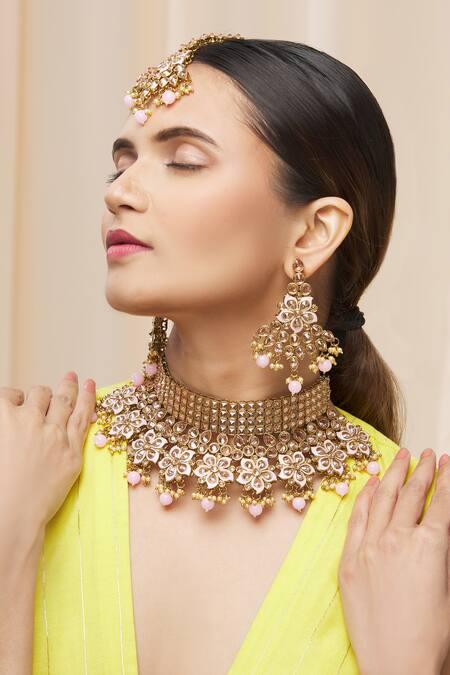 Buy_Moh-Maya By Disha Khatri_Gold Plated Pearls, Stones Meenakari Choker Set _Online_at_Aza_Fashions