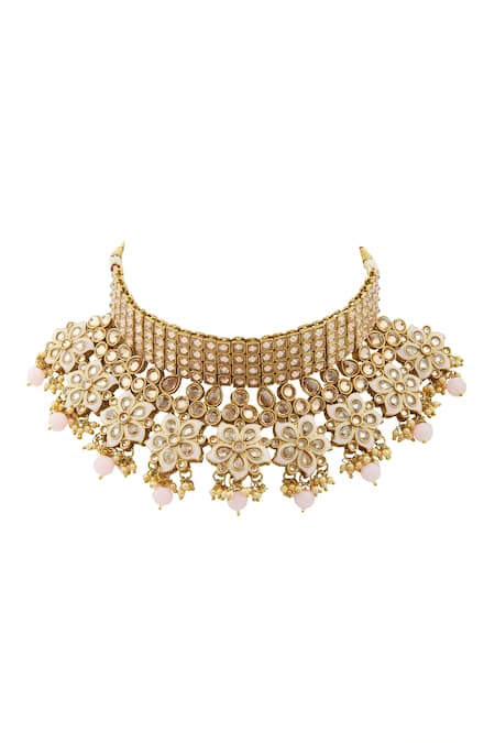 Shop_Moh-Maya By Disha Khatri_Gold Plated Pearls, Stones Meenakari Choker Set _Online_at_Aza_Fashions
