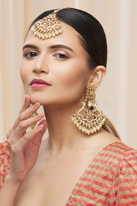 Shop Moh-Maya By Disha Khatri Gold Plated Stones, Beads Danglers With Maangtikka at Aza Fashions Shop_Moh-Maya By Disha Khatri_Gold Plated Stones, Beads Danglers With Maangtikka _at_Aza_Fashions