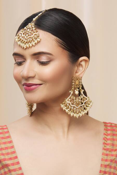 Moh-Maya By Disha Khatri Gold Plated Stones, Beads Danglers With Maangtikka Online at Aza Fashions Moh-Maya By Disha Khatri_Gold Plated Stones, Beads Danglers With Maangtikka _Online_at_Aza_Fashions