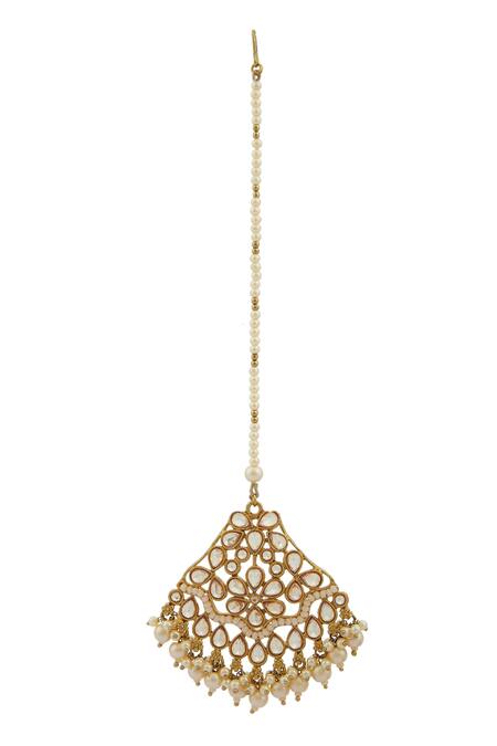 Moh-Maya By Disha Khatri Gold Plated Stones, Beads Danglers With Maangtikka at Aza Fashions Moh-Maya By Disha Khatri_Gold Plated Stones, Beads Danglers With Maangtikka _at_Aza_Fashions