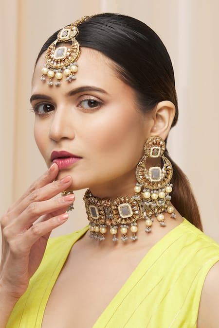 Shop Moh-Maya By Disha Khatri Gold Plated Stones, Beads Drop Choker Set at Aza Fashions Shop_Moh-Maya By Disha Khatri_Gold Plated Stones, Beads Drop Choker Set _at_Aza_Fashions