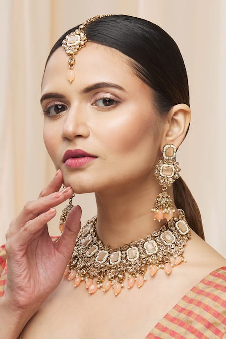 Shop Moh-Maya By Disha Khatri Gold Plated Stones, Beads Drop Choker Set at Aza Fashions Shop_Moh-Maya By Disha Khatri_Gold Plated Stones, Beads Drop Choker Set _at_Aza_Fashions