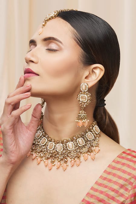 Buy Moh-Maya By Disha Khatri Gold Plated Stones, Beads Drop Choker Set Online at Aza Fashions Buy_Moh-Maya By Disha Khatri_Gold Plated Stones, Beads Drop Choker Set _Online_at_Aza_Fashions