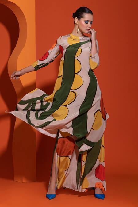 Nautanky Beige Crepe Boat Neck Abstract Geometric Print Asymmetric Top And Pant Set at Aza Fashions Nautanky_Beige Crepe Boat Neck Abstract Geometric Print Asymmetric Top And Pant Set _at_Aza_Fashions