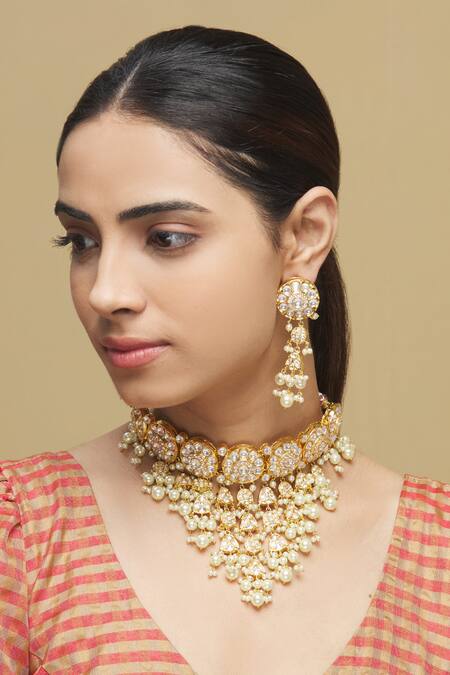 Zevar By Geeta_Gold Plated Pearls, Stones Kundan Choker Set _Online_at_Aza_Fashions