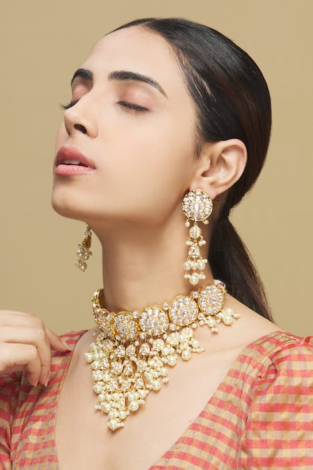 Shop_Zevar By Geeta_Gold Plated Pearls, Stones Kundan Choker Set _Online_at_Aza_Fashions